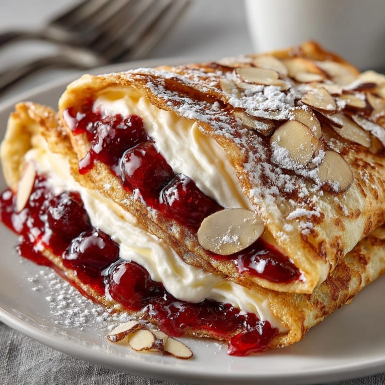 Golden-brown Cherry Pie Filling Breakfast Wraps with a creamy center, ready for dusting with powdered sugar.