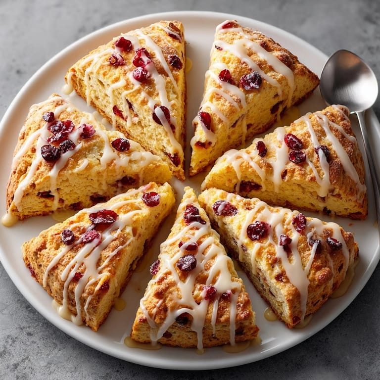 Freshly baked Cranberry Orange Scones, smelling of citrus and spice, drizzled generously with maple icing.