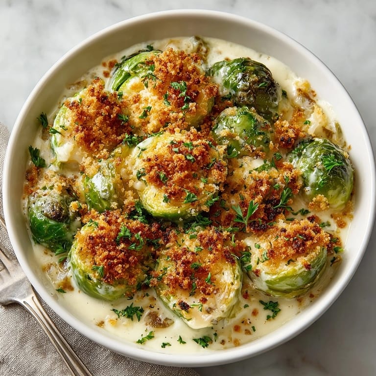 A close-up of the creamy, golden-brown Creamy Brussels Sprouts Gratin with crispy breadcrumb topping.