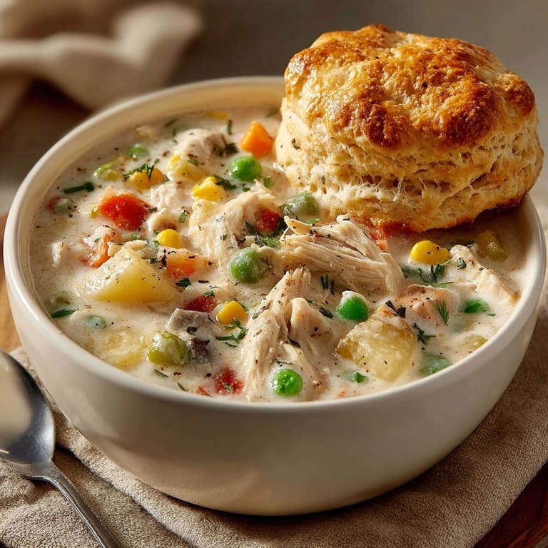 Close-up view of Chicken Pot Pie Soup with biscuits, showcasing a hearty bowl with fluffy biscuit crumbles.