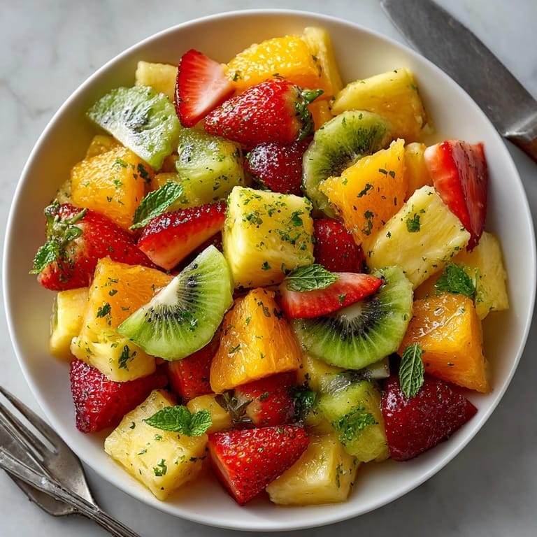 Imagine a bowl of Tropical Fruit Salad with Lime: sweet tropical flavors mingling with fresh mint garnish.
