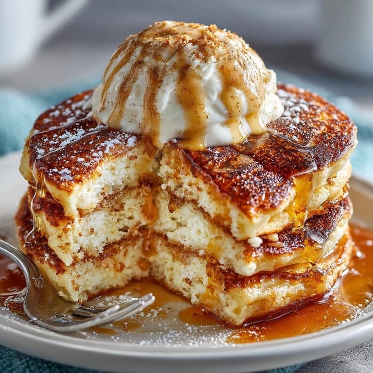 Ricotta pancakes served warm with melting cinnamon maple butter and a side of berries.