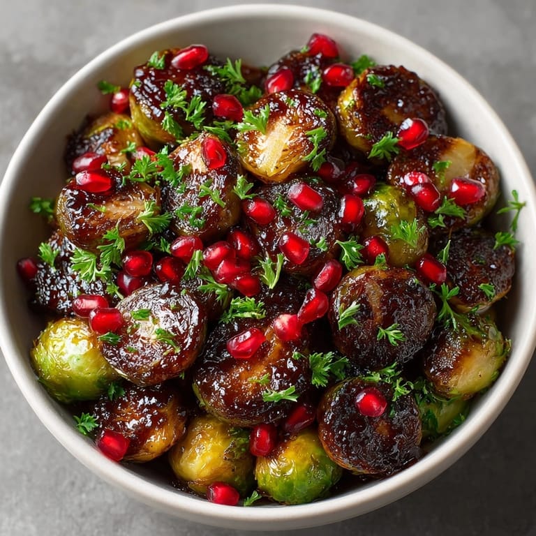 Plate of caramelized Pomegranate Glazed Brussels Sprouts, steam rising, finished with jewel-like pomegranate seeds.