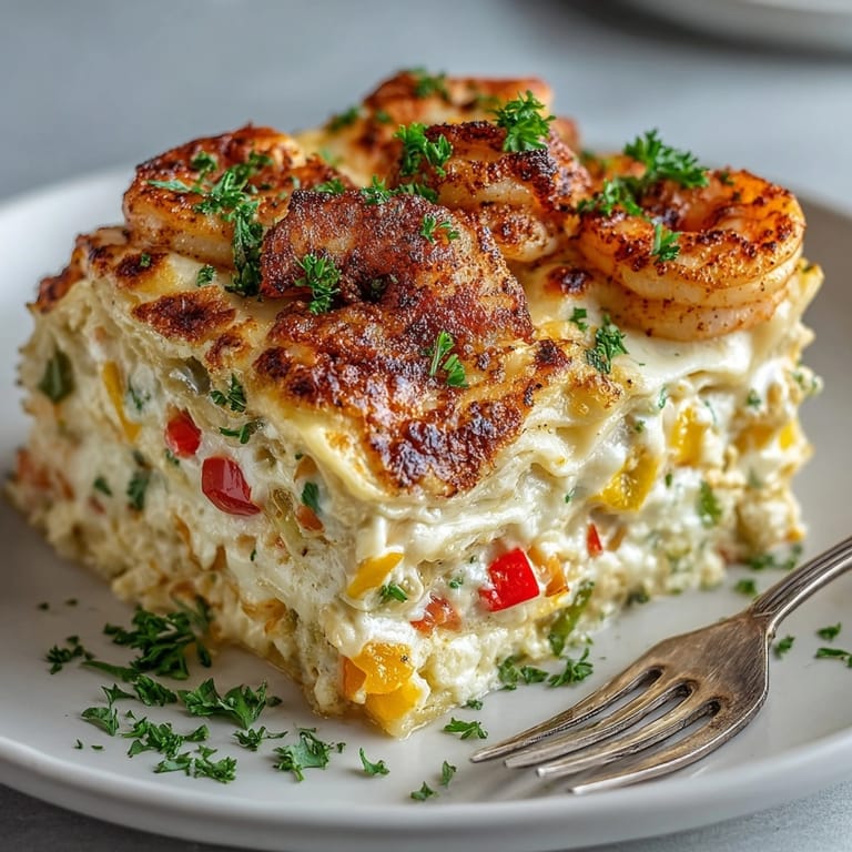 Creamy Cajun Shrimp Alfredo Lasagna fresh out of the oven, topped with golden, melted mozzarella and parsley.