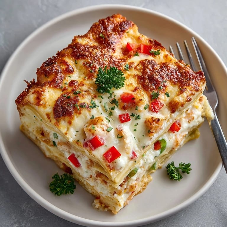 Sliced Cajun Shrimp Alfredo Lasagna on a plate, showing tender shrimp, rich Alfredo sauce, and colorful vegetables.