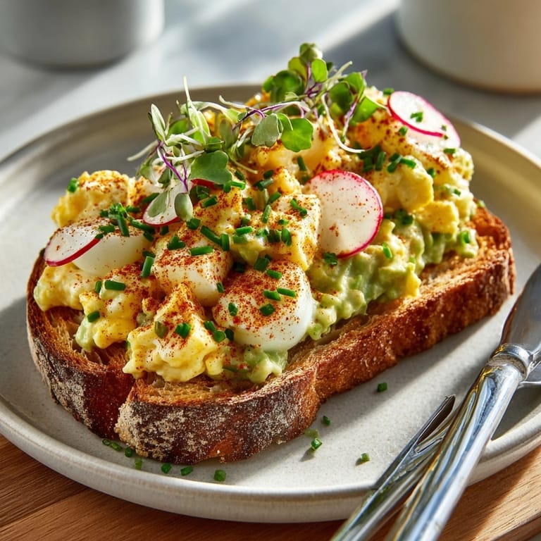 Creamy avocado egg salad toast with paprika, served warm for a satisfying vegetarian breakfast.