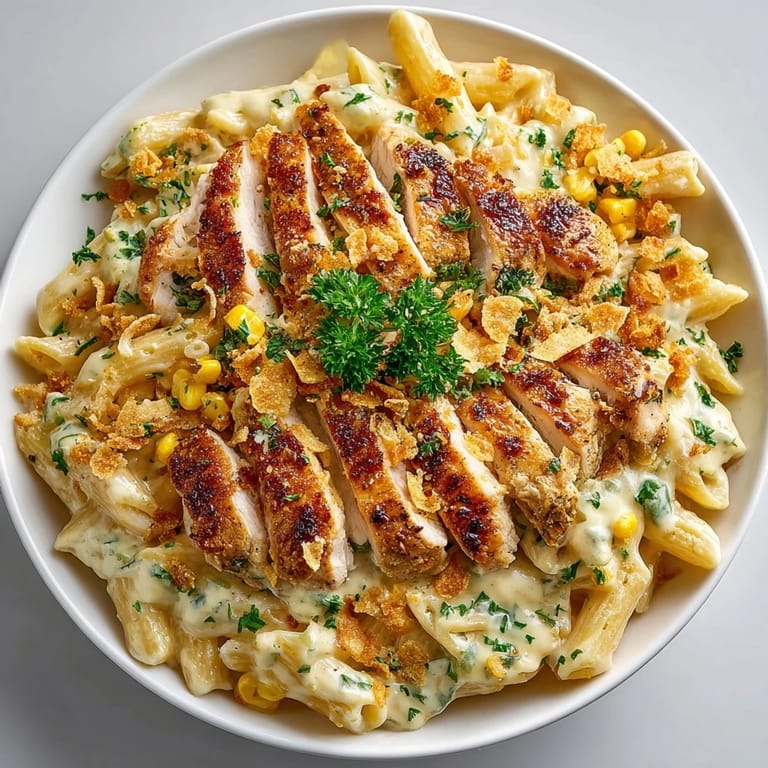 Vibrant plate of Creamy Cajun Chicken Alfredo with Roasted Corn, creamy sauce, and fresh chopped parsley.