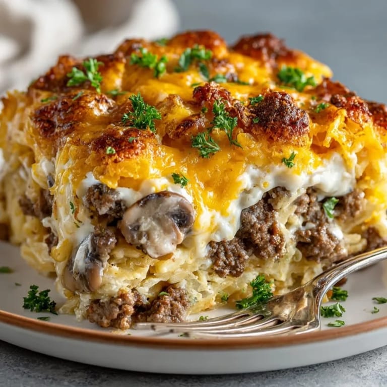 Close-up of creamy Cheesy Hamburger Hashbrown Casserole with melted cheddar and crispy hashbrowns.