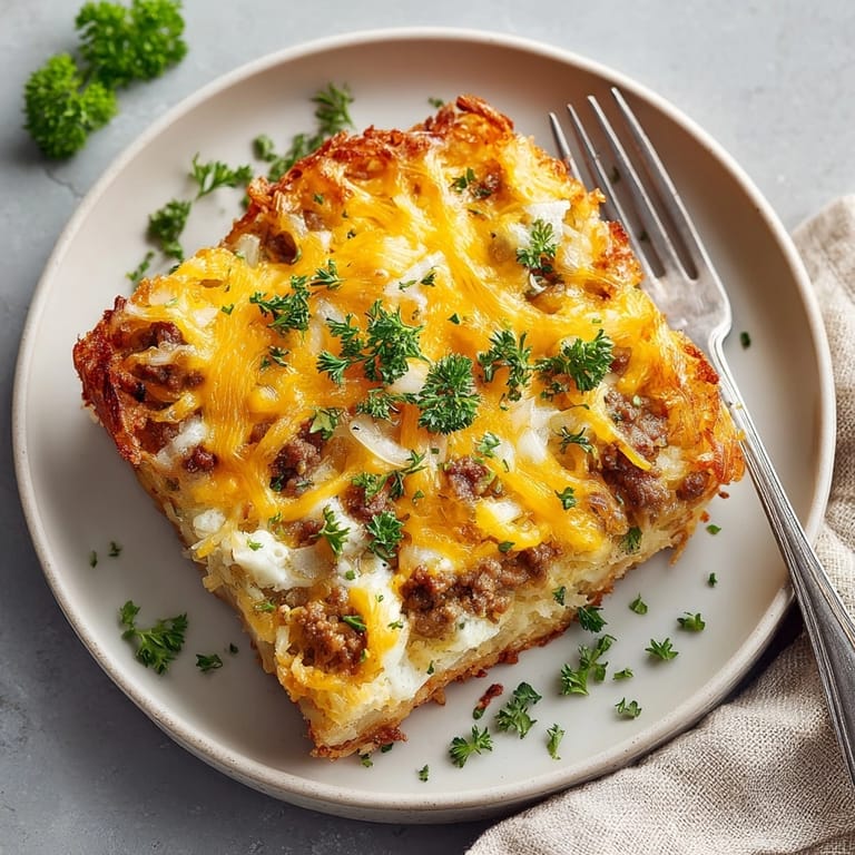 Spoonful of hot, savory Cheesy Hamburger Hashbrown Casserole showing layers of beef and potatoes.