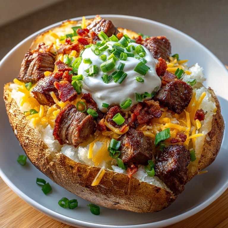 Juicy steak bites and creamy toppings piled on a fluffy Ultimate Loaded Baked Potato for a hearty meal