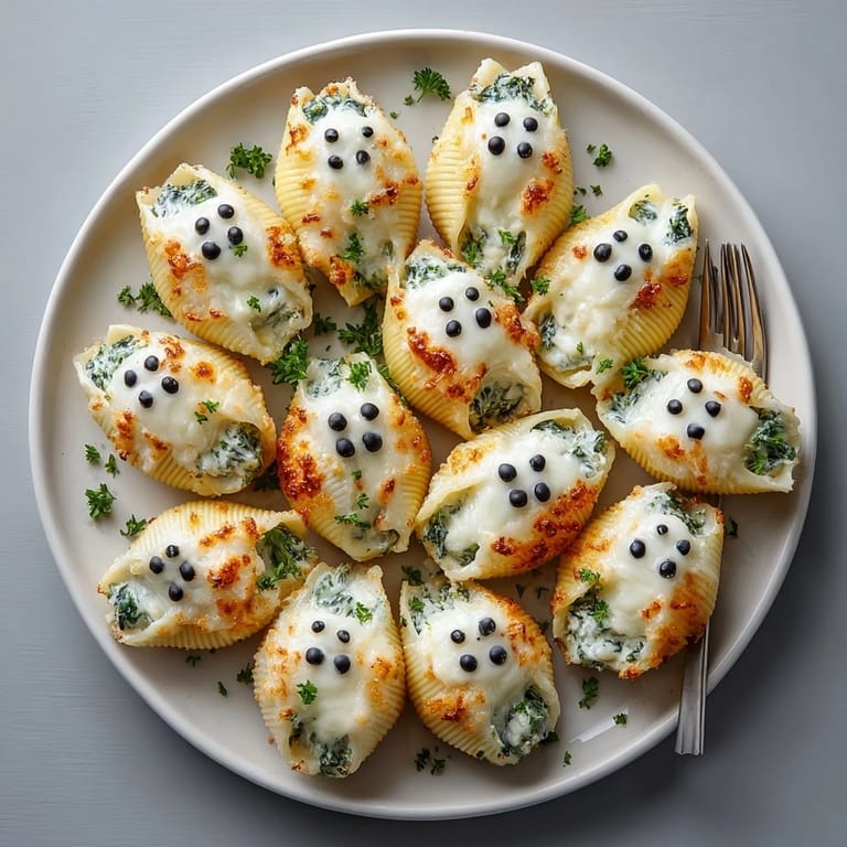 Baked Halloween Stuffed Shells: hot pasta shells smothered in a creamy, nutmeg-scented white sauce.