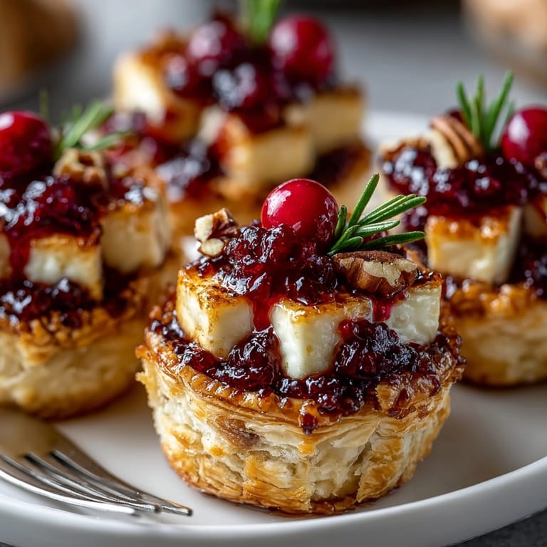 Close-up of delicious Cranberry Brie Pastry Bites, highlighting layers of flavor and golden-brown edges.