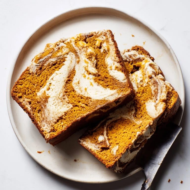 Warm, spiced Cream Cheese Swirled Pumpkin Bread showing the gooey cream cheese filling.