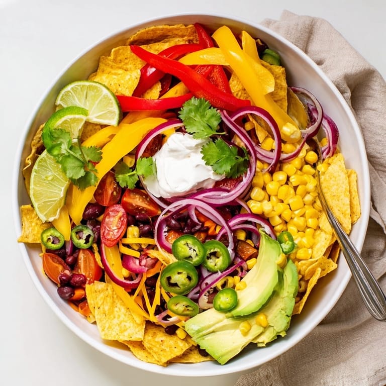 Overhead shot of a loaded Veggie Nacho Bowl, bursting with fresh cilantro and creamy avocado.
