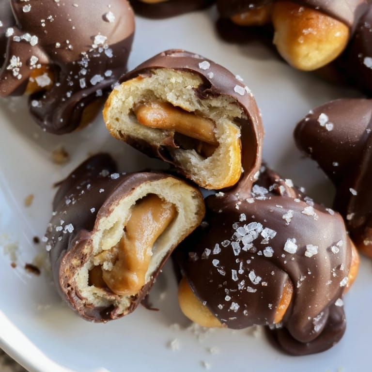 Homemade Peanut Butter Salted Pretzel Bites glistening with chocolate on a baking sheet.