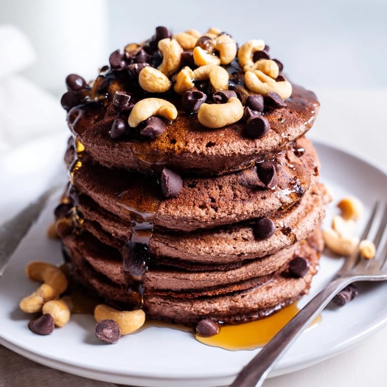 Homemade Protein Chocolate Cashew Pancakes showing fluffy texture; chopped nuts add rich flavor.
