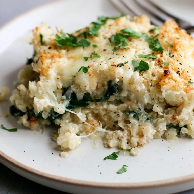 Close-up of creamy Alfredo Cauliflower Rice Casserole; a cheesy dish ready to serve.
