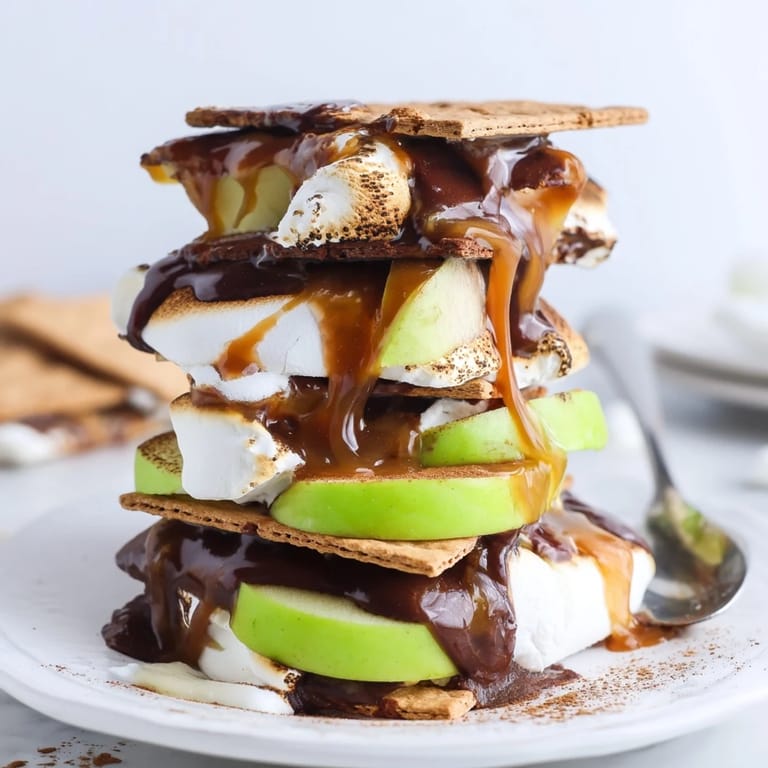 Toasted Caramel Apple S'mores Stack drizzled with caramel and sprinkled with cinnamon.  