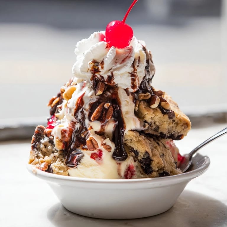 Layers of chewy cookie dough bars and creamy ice cream in a sundae delight.  