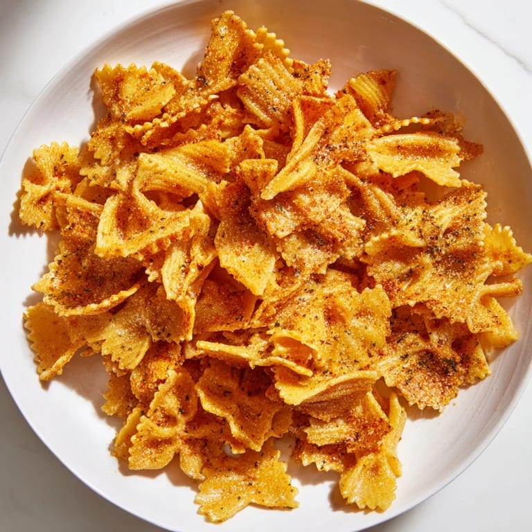Golden baked pasta chips seasoned with garlic and smoked paprika for irresistible snacking.  
