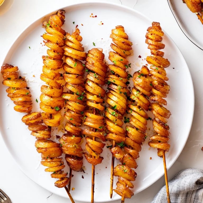 Golden spiral potatoes seasoned with garlic and paprika, ideal for a fun side dish.  