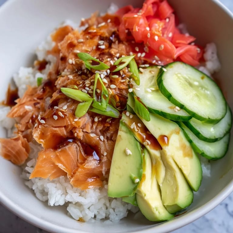 Flavorful leftover salmon and rice bowl, finished with sesame seeds and scallions.