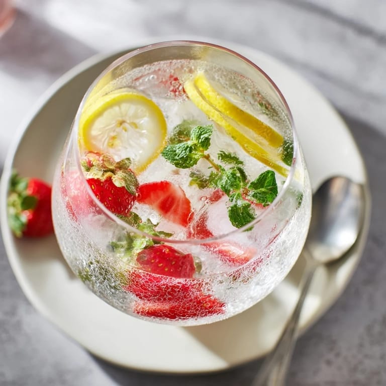 Chilled water-based mocktails filled with slices of lemons, strawberries, and mint leaves.