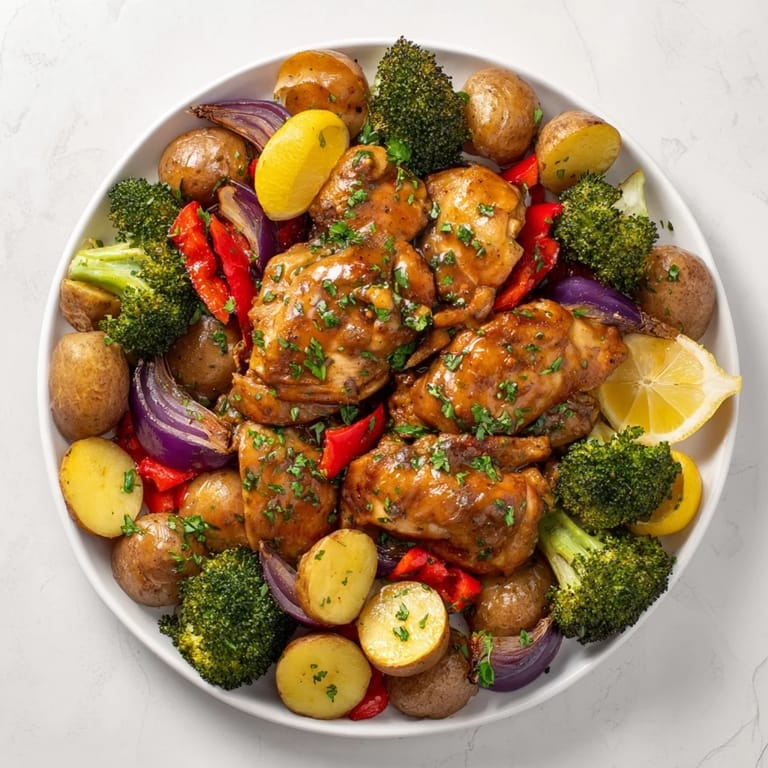 Colorful Lazy Gourmet Chicken & Vegetable One-Pot dish, drizzled with olive oil and herbs.