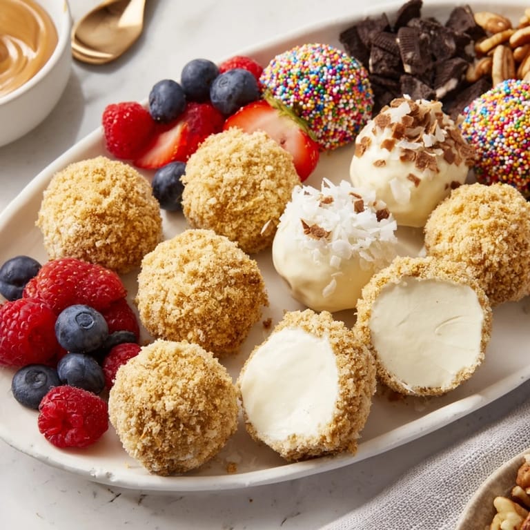 Colorful cheesecake bites on a dessert board, surrounded by luscious fruit and sauces.  