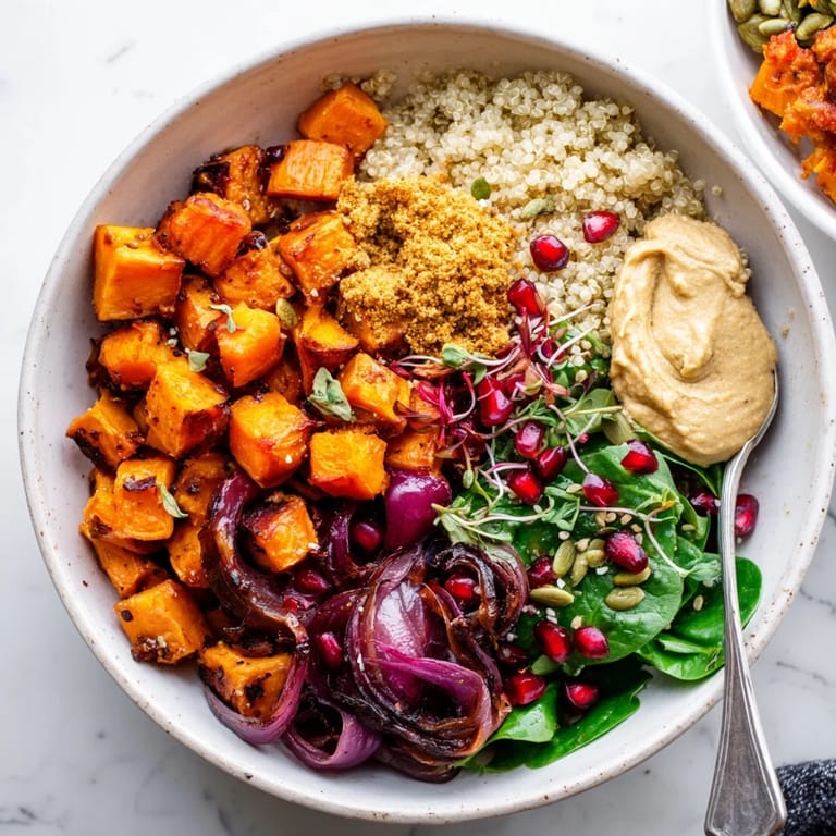Delicious spiced winter bowls showcasing roasted sweet potatoes, crispy greens, and ube-coconut purée.