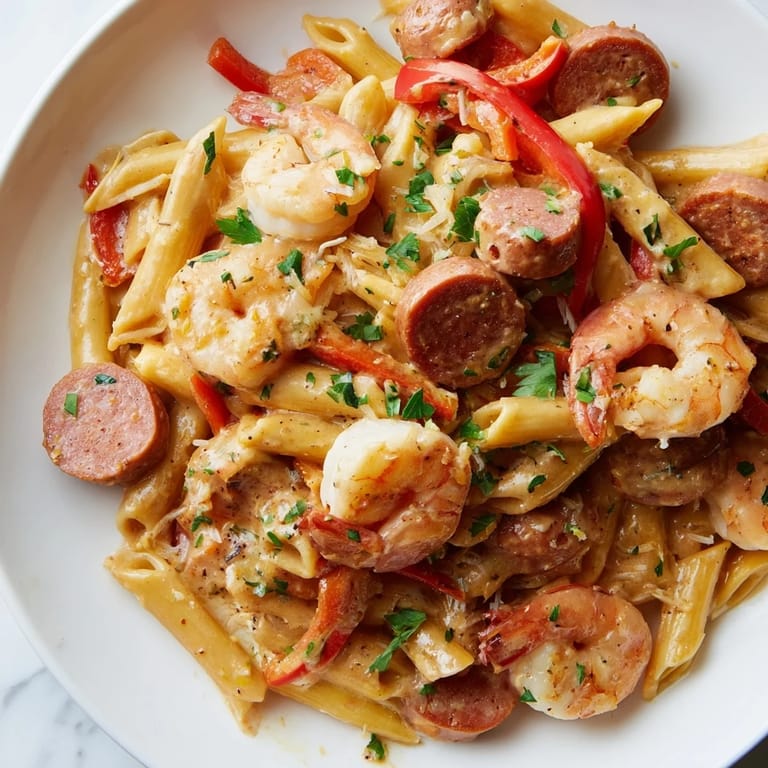 Delicious Cajun Sausage & Shrimp Alfredo Pasta Skillet served in a warm, inviting skillet.  