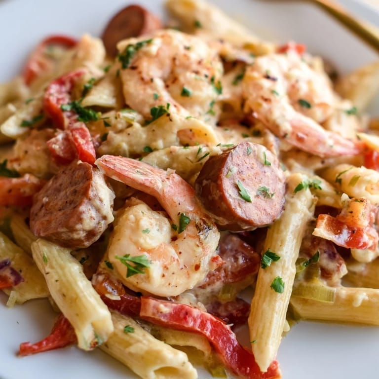 Spicy Cajun Sausage & Shrimp Alfredo Pasta Skillet captures comfort food flavors in one pan.