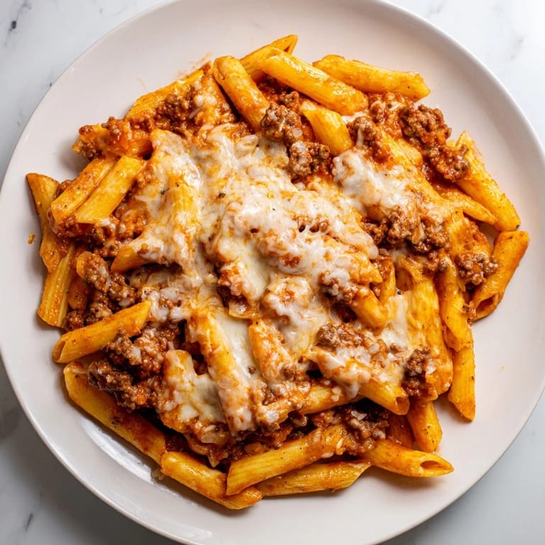 Comforting Cheesy Beef & Penne Bake, featuring savory ground beef and rich tomato sauce.  
