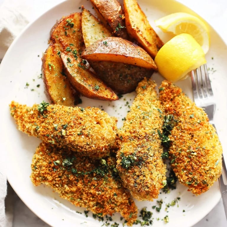 Crisp potato wedges and savory herbed chicken tenders, perfect for a hearty dinner.