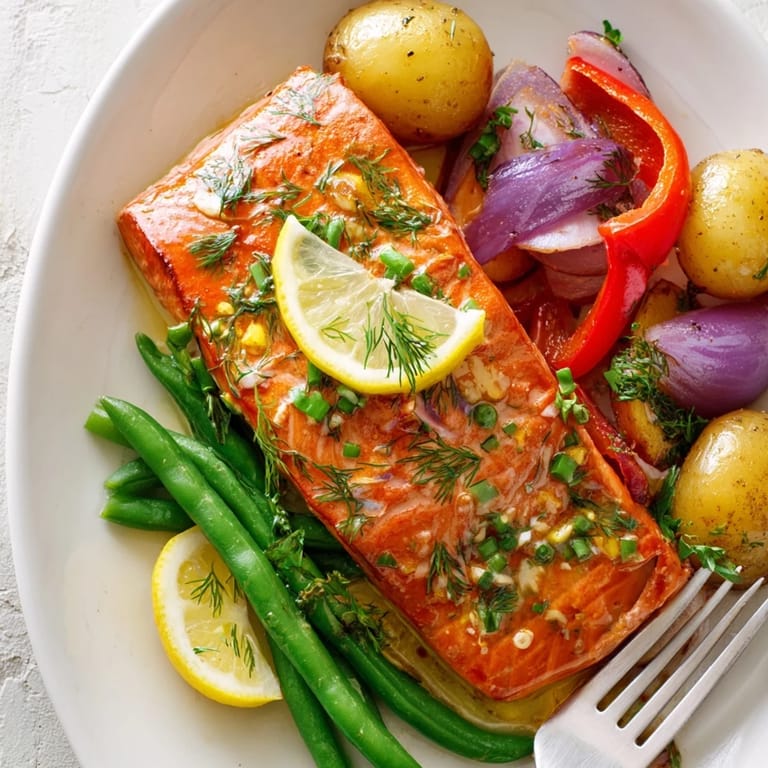 Crispy roasted potatoes alongside tender Lemon Herb Salmon, fresh herbs brightening the dish.  