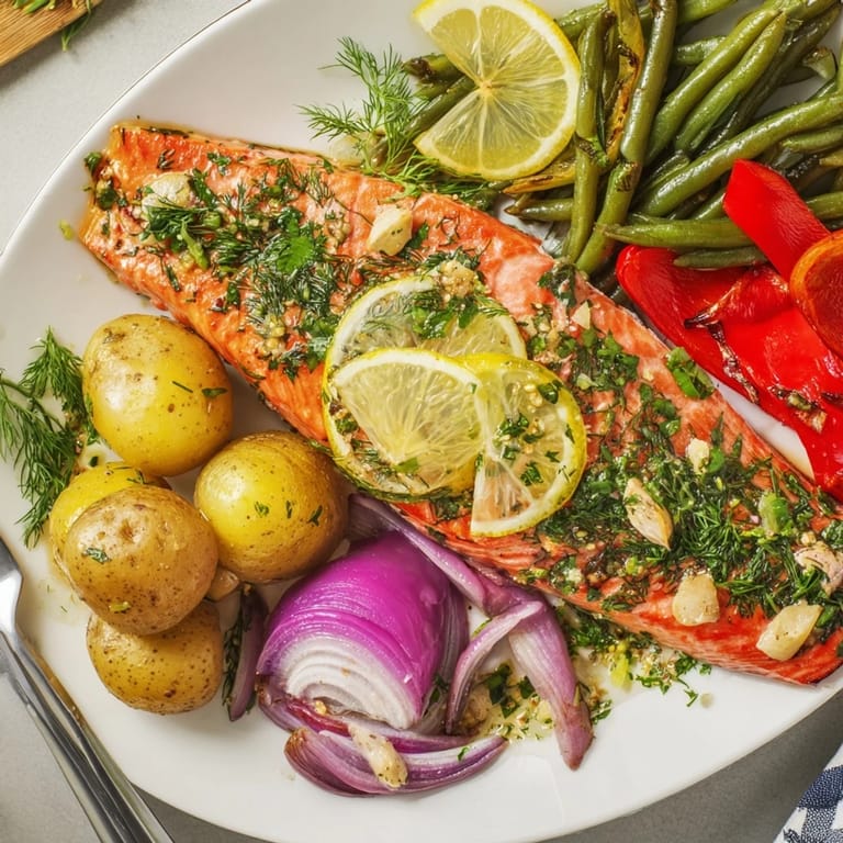 Flavorful Lemon Herb Salmon is perfectly paired with colorful roasted vegetables on a sheet pan.
