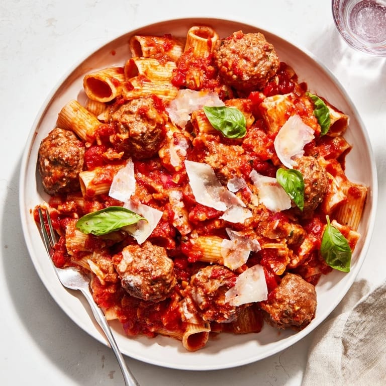 Delicious Italian Meatball Pasta Skillet simmered with tender meatballs and vibrant sauce.  