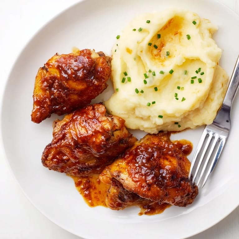 Tender chicken thighs coated in sweet BBQ sauce, served with rich garlic mashed potatoes.