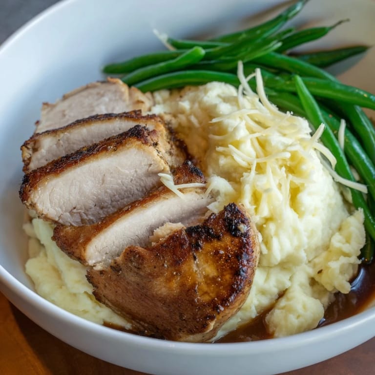 Comforting Pork Chops & Cheddar Mash Bowl topped with green beans and rich pan sauce.  