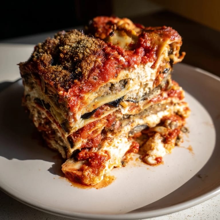 This close-up shows the bubbly, cheesy top of a delicious Eggplant Parmesan Lasagna hot from the oven.