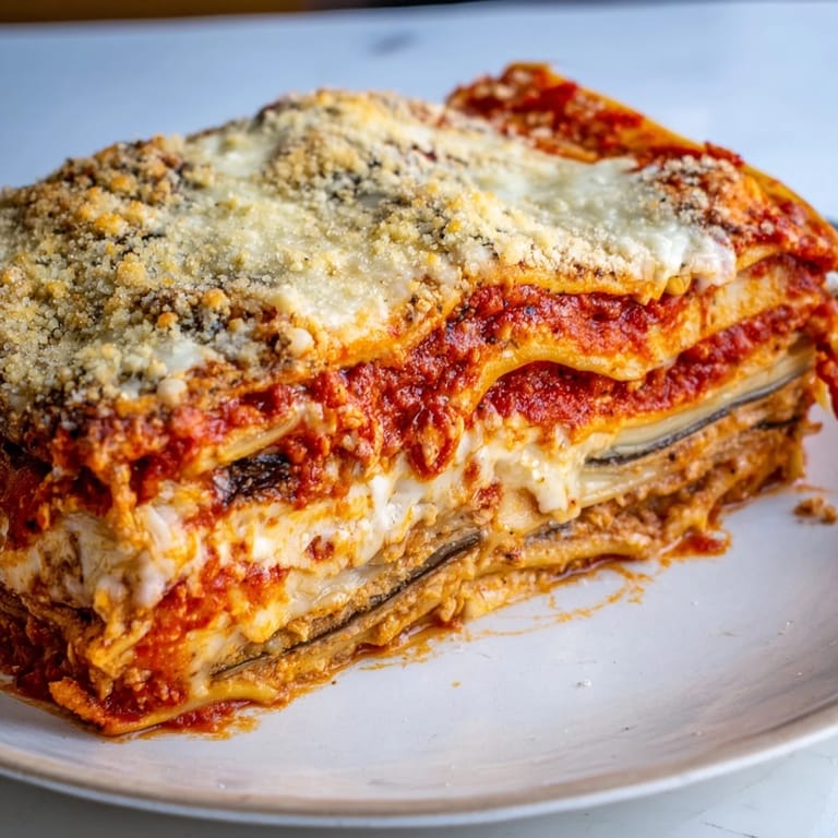 Imagine a hearty slice of homemade Eggplant Parmesan Lasagna, a cozy vegetarian Italian feast.