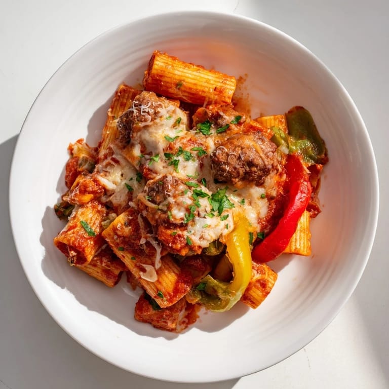 A close-up of cheesy, baked rigatoni with sausage and peppers, ready to serve with fresh herbs.