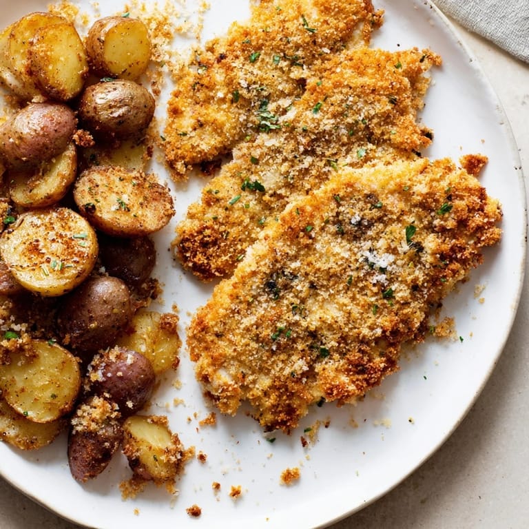 Oven-baked Parmesan crusted chicken & potatoes, featuring flavorful herbs and perfectly roasted baby potatoes.