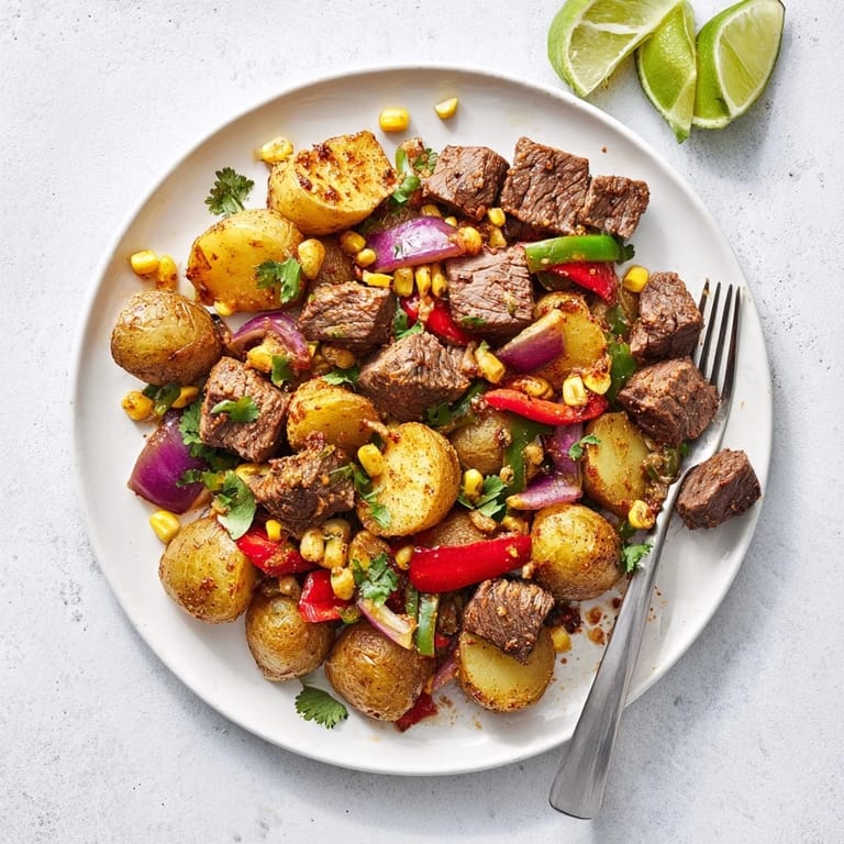 Golden, crispy potatoes are visible within the delicious Southwest Steak & Potato Skillet recipe.