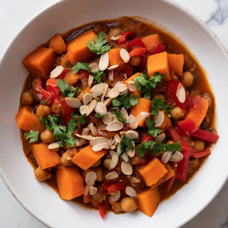 Close-up of a vibrant Moroccan Chickpea & Sweet Potato Tagine, showcasing tender sweet potatoes and chickpeas.