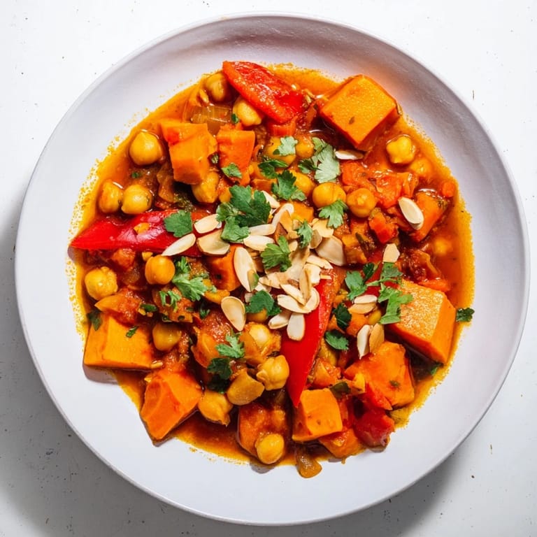 Hearty Moroccan Chickpea & Sweet Potato Tagine served with lemon wedges, a comforting vegan main course option.