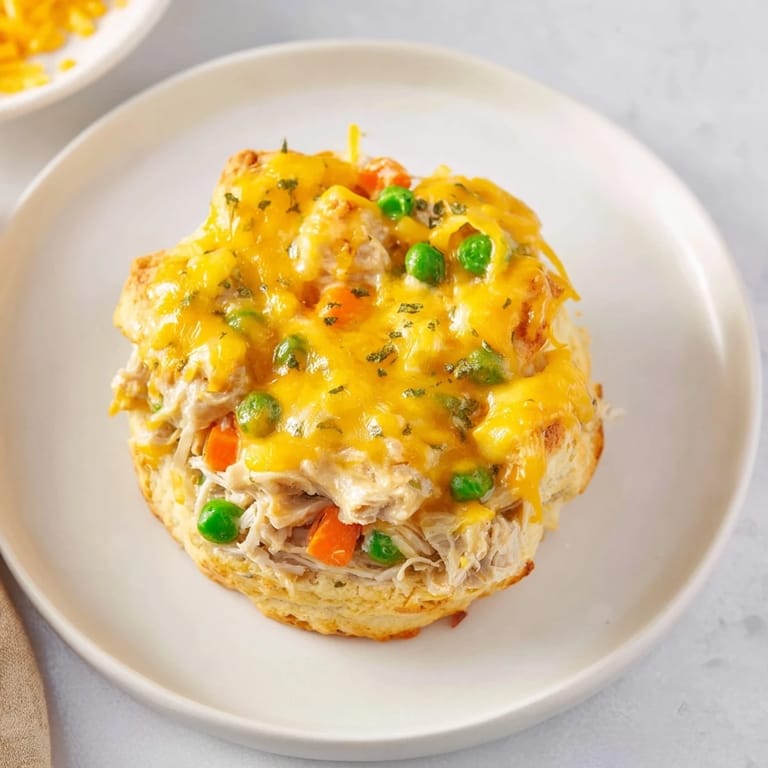A close-up of a steaming One-Pan Chicken Cobbler, showcasing a rustic, savory meal.