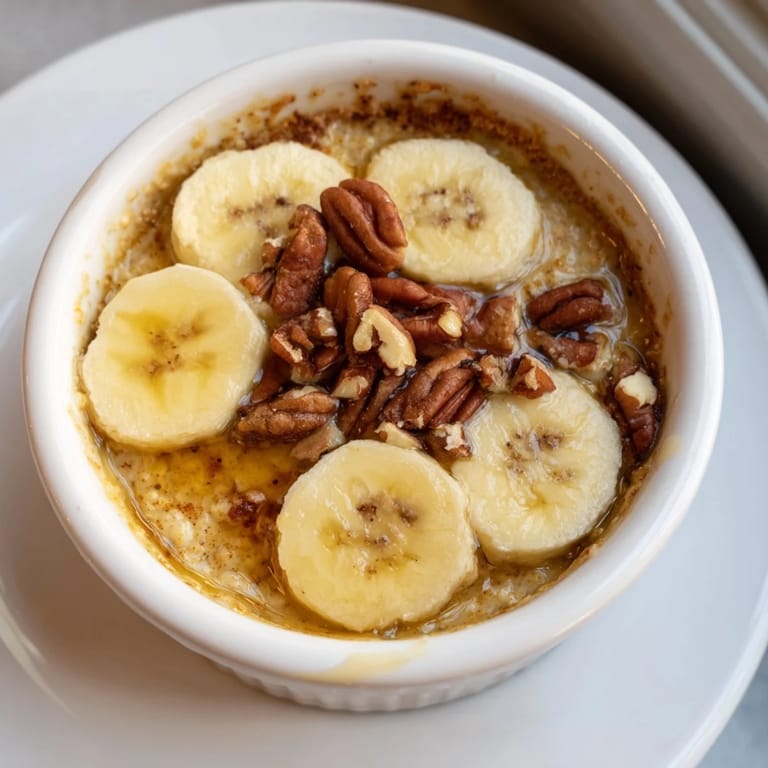 Warm, comforting Baked Oats Ramekins showcasing sliced banana and honey drizzle, delicious and sweet.