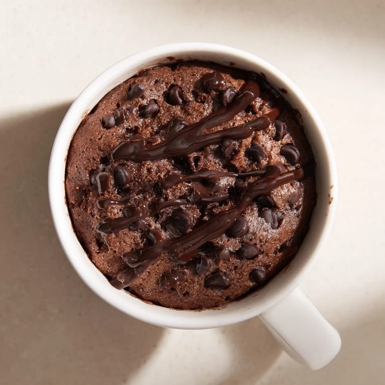 A close-up of a steaming microwaved mug cake, showing rich, dark chocolate ready to eat immediately.