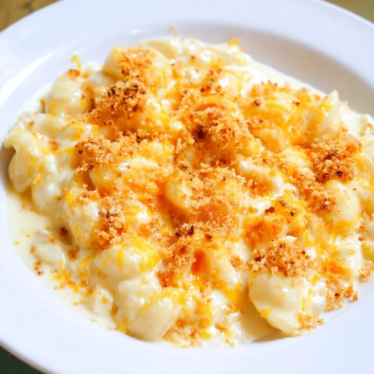 A close-up of cheesy mac & cheese with evaporated milk, ready to be scooped and enjoyed.